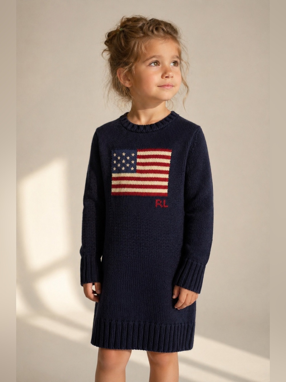 Polo Ralph Lauren Girls Historical American Flag Sweater Dress in Hunter Navy